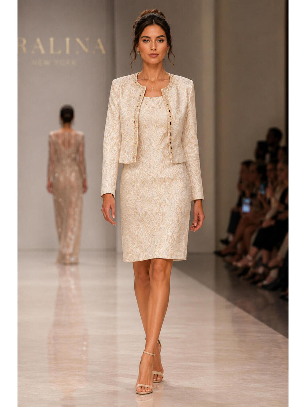 Patra Sophisticate 2PC Champagne Gold Brocade Sheath Dress Jacket Suit Sz 10